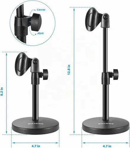 Vista 3 de Soporte de micrófono de escritorio 3 en 1, soporte de micrófono de mesa ajustable en altura Iron material, 1lbs Round Base, with Mic Clip, Cell