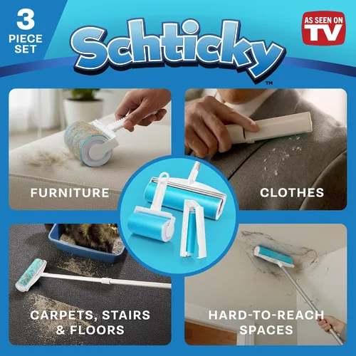 Vista 5 de Schticky juego de rodillo para eliminar pelusas de 3 piezas, de lujo, reutilizable, con palo de acero inoxidable extensible