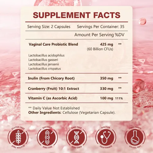 Vista 2 de NATURE TARGET Probióticos para mujeres, 60 mil millones de UFC con arándano, 70 cápsulas with Prebiotics, Cranberry & Vitamin C, Support Odor