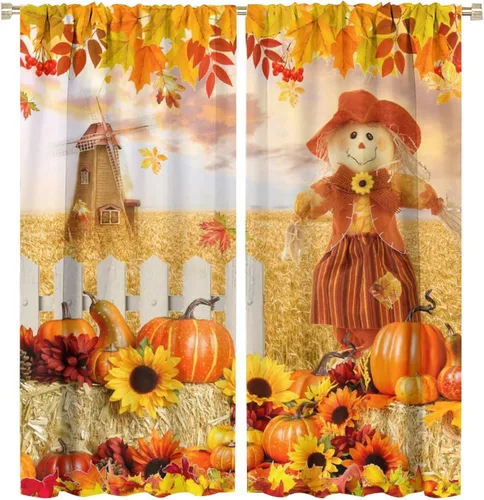 Vista 22 de Divertidas cortinas opacas de calabaza y espantapájaros para sala de estar, rústicas de otoño, hojas de arce, girasol, cosecha de otoño, puesta