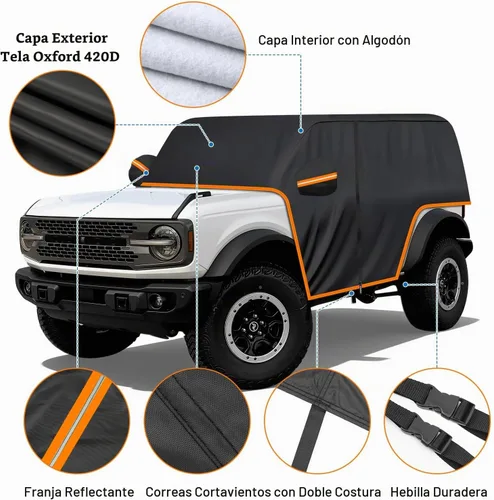 Vista 6 de Funda de coche para Ford Bronco de 2 puertas, 420D, funda impermeable para todo tipo de clima, sol, lluvia, UV, polvo, cubierta de cabina