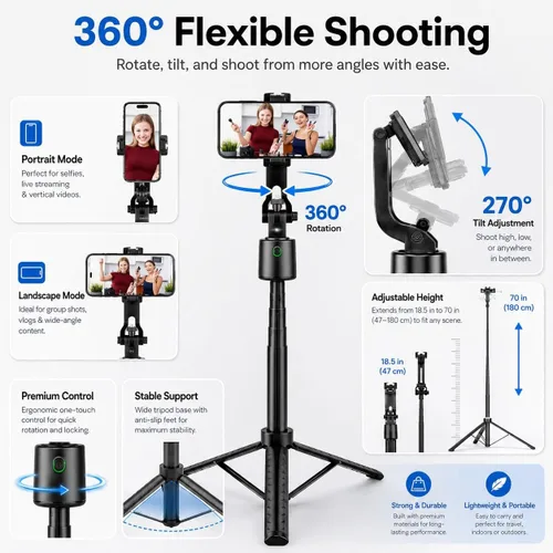 Vista 3 de Trípode de 70 pulgadas para teléfono, trípode portátil todo en uno extensible para celular, trípodes altos de viaje para grabar videos, selfies