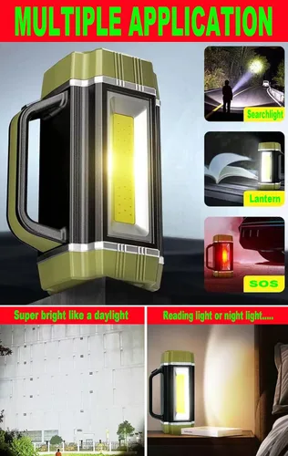 Vista 7 de Foco LED solar recargable, súper brillante 13000 lúmenes, reflector LED de mano, linterna de campamento multifunción, 6 modos de luz, IPX4