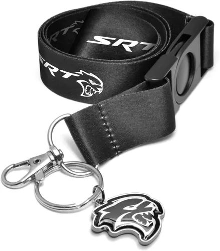 Vista 2 de iPick Image Llavero de metal troquelado para Dodge SRT Hellcat con correa de cordón negro, producto oficial exclusivo