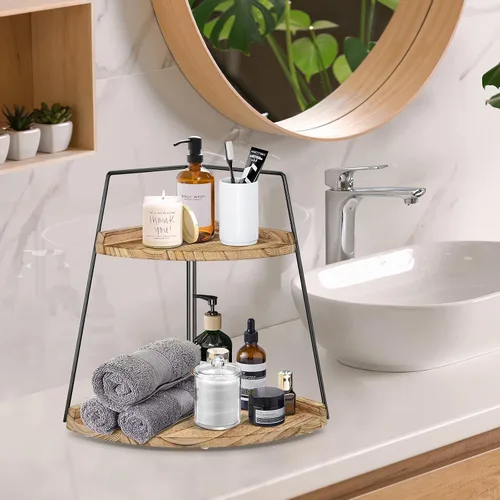 Vista 2 de Organizador de encimera de baño de 2 niveles, organizador de baño de madera, estante de almacenamiento de esquina para mostrador, decoración