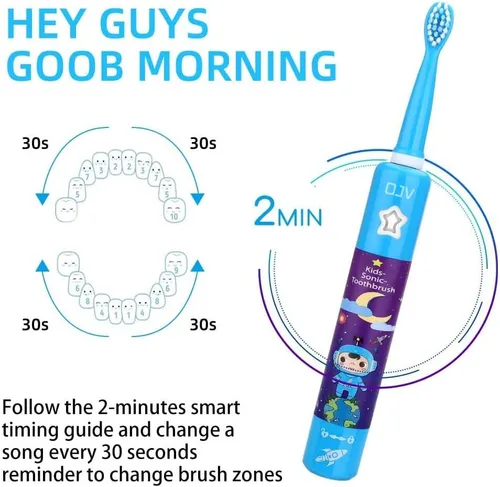 Vista 2 de OJV 8620 Cepillos de dientes eléctricos musicales para niños, 3 modos de temporizador de 2 minutos, 6 cerdas recargables de energía inteligente, Azul