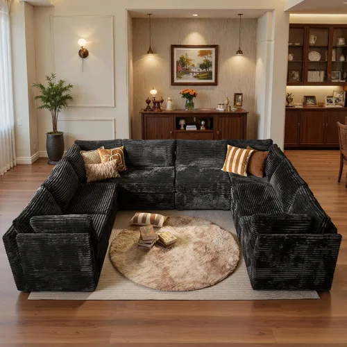 Vista 47 de Ovios - Sofá modular con diván en forma de U y otomanas, cómodo y mullido, tapizado en pana estilo nube, moderno, asiento profundo, juego de sofás