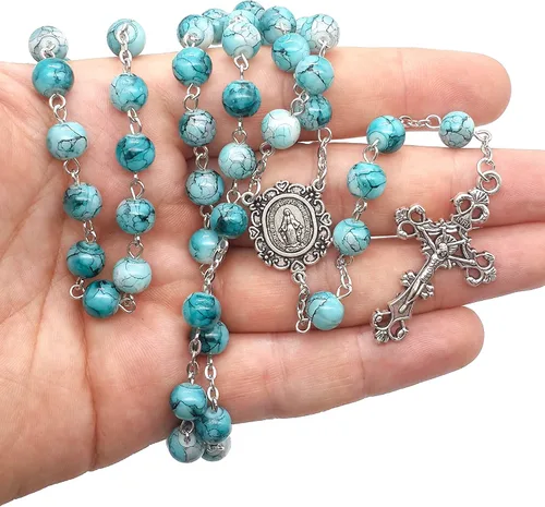 Vista 5 de Nazareth Store Rosario de cristal cristalizado turquesa con cuentas de rosario católico con medalla milagrosa y cruz de acero inoxidable Vidrio No