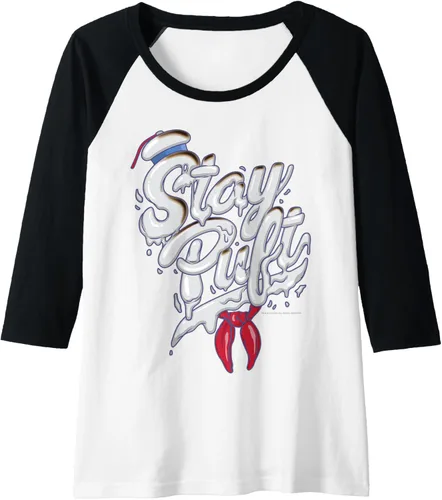 Vista 3 de Ghostbusters Camiseta de béisbol Stay Puft estilo Marshmallow Man Font raglán, Negro, S