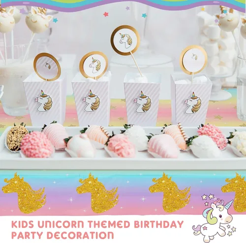 Vista 3 de Zhehao Mantel desechable de cumpleaños de unicornio de 108 x 54 pulgadas, mantel de plástico a rayas multicolor para fiesta de cumpleaños