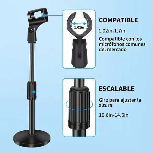 Vista 5 de Soporte de micrófono de escritorio pequeño, soporte de micrófono de escritorio de acero ajustable con clip de micrófono para Blue Yeti Snowball