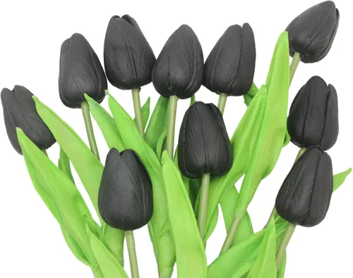 Vista 2 de Flores artificiales, 10 cabezas, mini tulipán artificial de tacto real para decoración del hogar, boda, fiesta, centro de mesa (negro)