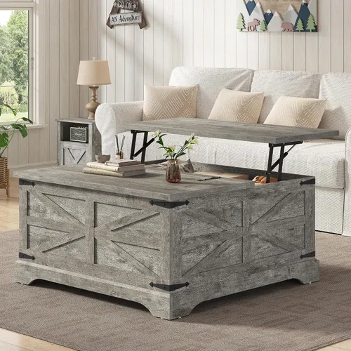 Vista 12 de Furnideco - Mesa de centro de granja con superficie elevable, mesa central cuadrada de madera con gran compartimento de almacenamiento oculto