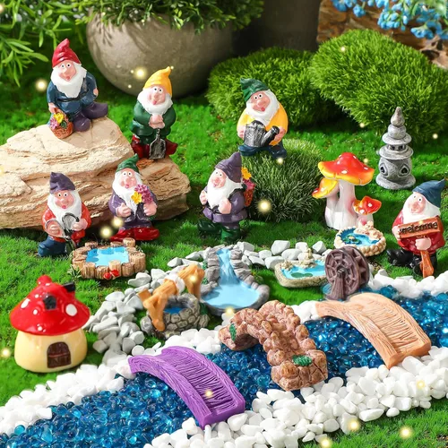 Vista 8 de Unittype 19 piezas de accesorios de hadas de flores para jardín al aire libre, figuras de hadas en miniatura, puente de hongos, faro de agua, pozo