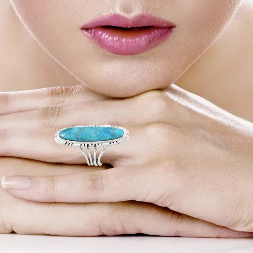 Vista 3 de Anillo de Plata de Ley con Turquesa Genuina y Piedras Preciosas (SELECCIONAR color)