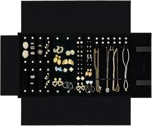 Vista 15 de UnionPlus - Estuche de terciopelo para joyería de viaje, bolsa enrollable para collares, pulseras, gran organizador de joyas para viajes, multi Beige
