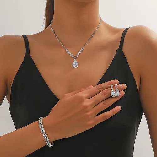 Vista 3 de Paxuan Juego de aretes de pulsera de cristal de diamantes de imitación plateados y dorados para mujeres, novias, damas de honor, juego de aretes