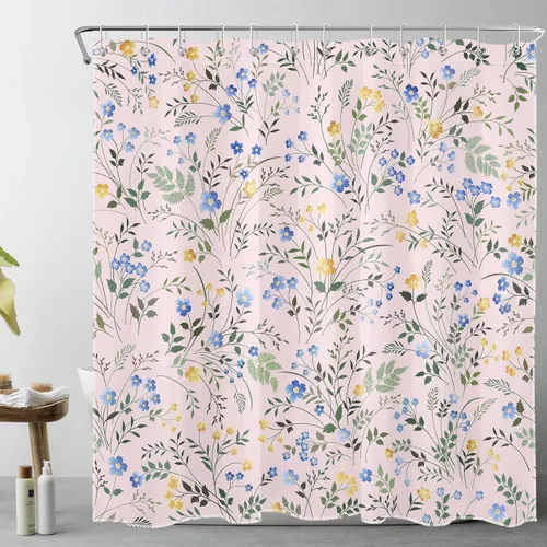 Vista 11 de LB Cortina de Ducha Decorativa de Flores Silvestres del Campo, Flores Azules y Amarillas con Planta de Hojas Verdes sobre Beige, Cortina de Ducha