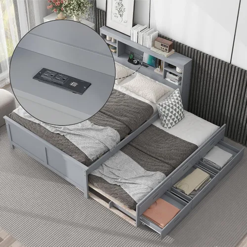 Vista 26 de VilroCaz Cama de plataforma multifunción de tamaño matrimonial con nido y cajones, plataforma de madera con cabecera de almacenamiento y enchufes