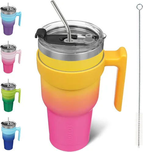 Vista 42 de BJPKPK Mini vaso de 10 onzas con tapa, popote y asa, taza de acero aislada