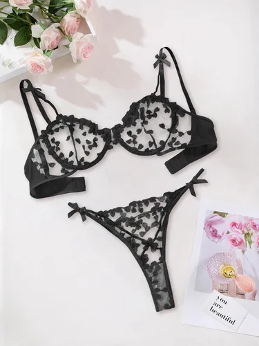 Vista 6 de Lilosy Sexy Underwire Lindo Push Up Strappy Bordado Malla Sheer Lencería Set Ver a Través Sujetador Panty, Lazo negro