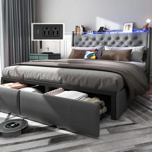 Vista 18 de UINTAI Marco de cama tamaño completo con cabecero y 4 cajones de almacenamiento, cama de plataforma metálica tapizada con respaldo abatido y luces
