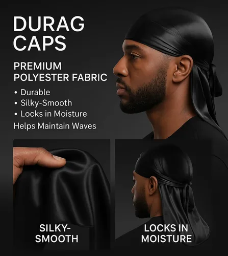 Vista 10 de Premium Durag Pack for Men, Silky Doo Rag for 360 540 720 Waves