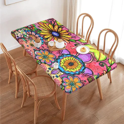 Vista 13 de Fiokroo Mantel de Flores de Crisantemo Azul, Amarillo y Azul Marino con Borde Elástico, Mantel Redondo Lavable y Reutilizable Cubierta de Mesa