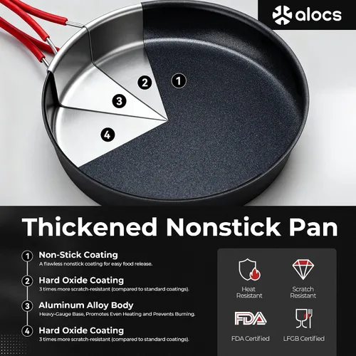Vista 2 de Alocs Camping Cookware Set Camping Gear, Compact Camping Pots and Pans Set, Durable Hard Alumina Camping Cooking Set for Outdoor Backpacking Camping