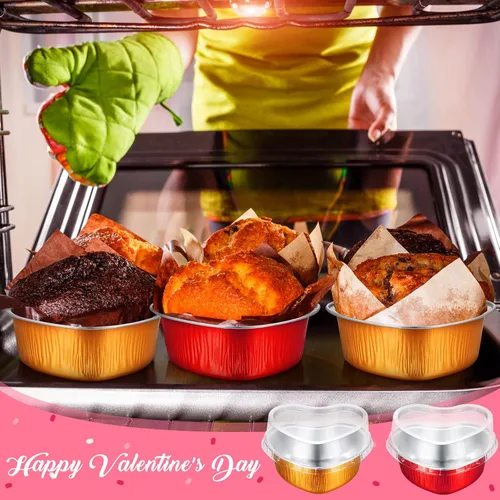 Vista 8 de Honeydak 100 juegos de moldes para hornear con forma de corazón, mini molde de aluminio de 3.4 onzas, lata desechable para cupcakes con tapas