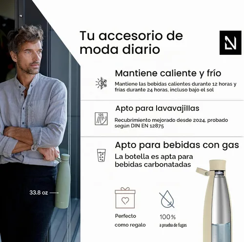 Vista 2 de LARS NYSØM Botella de agua aislada de acero inoxidable de 25 onzas, 34 onzas, frasco térmico aislado para bebidas calientes y frías, botella a Beige