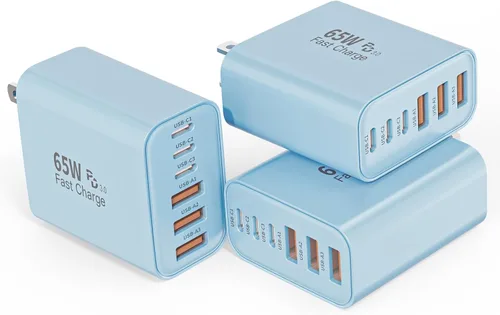 Vista 8 de Bloque de cargador USB C de 65 W, 2 unidades de 6 puertos Apple USB C GaN adaptador de corriente PD de carga rápida + enchufe de pared QC