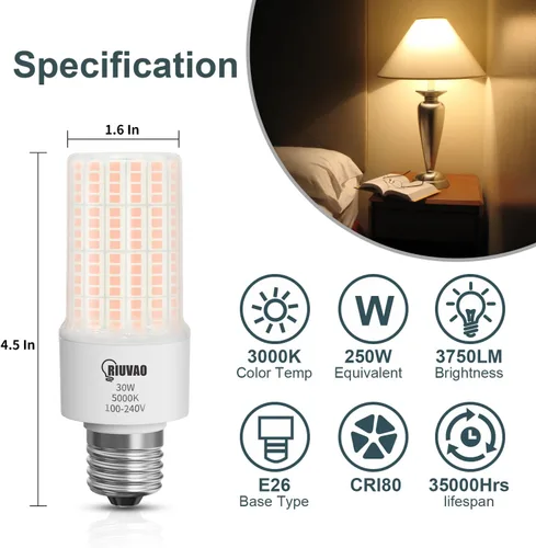 Vista 2 de RIUVAO Bombilla LED de maíz, equivalente a 250 W, bombillas LED 30 W, 3750 lúmenes, súper brillante, 3000 K, luz blanca cálida
