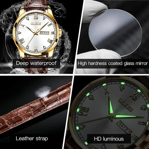 Vista 4 de OLEVS Tienda Watches reloj de cuero marrón para hombre reloj luminoso para hombre reloj de vestir para hombre reloj de cuarzo de moda para hombre