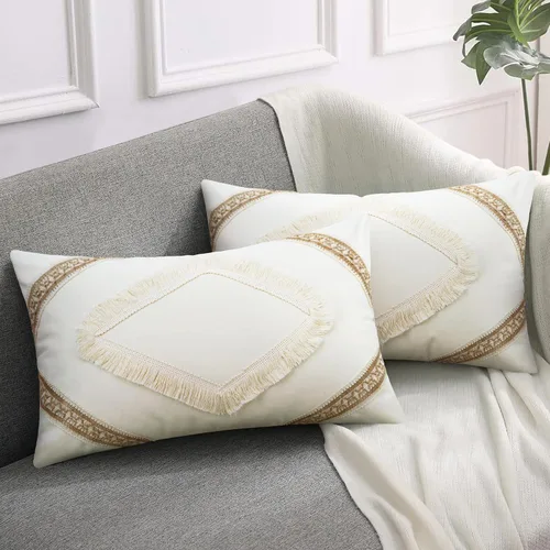 Vista 19 de Merrycolor Juego de 2 fundas de almohada lumbar de lino con retazos bohemios de 12 x 20 pulgadas, fundas de almohada de lino de arpillera de granja