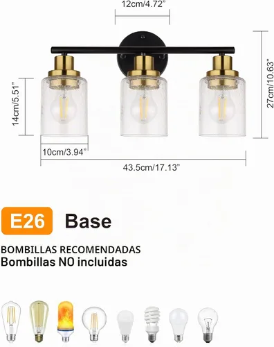 Vista 2 de Ldeco Luces de tocador de 3 luces para baño, lámpara de baño negra y dorada con pantalla de vidrio transparente de burbujas, luces modernas