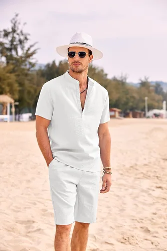 Vista 8 de COOFANDY Conjunto de 2 piezas de lino para hombre, camisas Henley casuales de manga corta, pantalones cortos de yoga para la playa, pantalones
