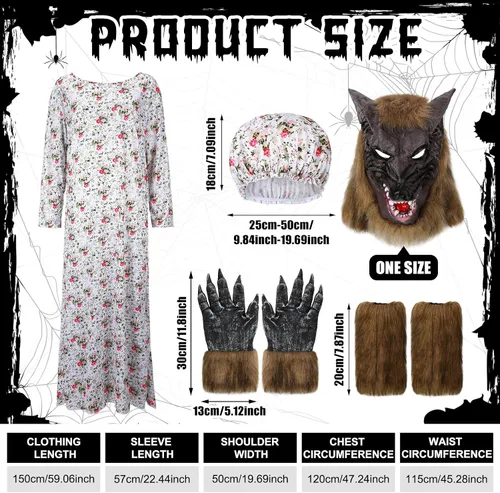 Vista 2 de Bonuci Disfraz de Halloween de lobo de abuelita para adultos, traje de cosplay con sombrero, máscara de cabeza de lobo, guantes de lobo