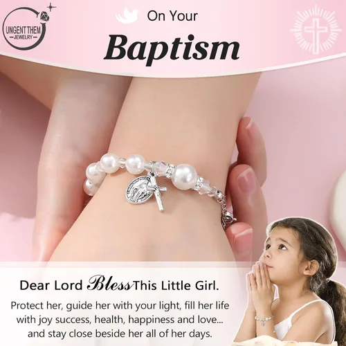 Vista 2 de UNGENT THEM Pulsera de perlas con cruz de rosario, bautismo, comunión, confirmación católica, regalos de Pascua para niñas, nieta, hija, sobrina