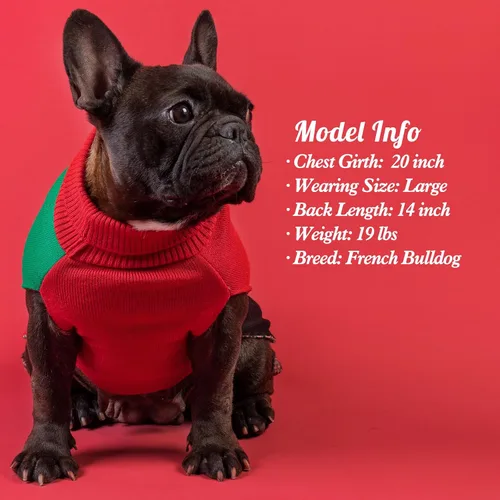 Vista 8 de KYEESE Suéter de Navidad para perros pequeños, cuello alto, bloque de color, ropa de punto para perro con agujero para correa, suéter