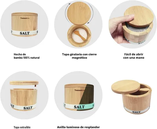 Vista 3 de ThougrLyh Caja de sal de bambú Recipiente de sal con tapa giratoria y cuchara Pequeño recipiente de especias con etiqueta Capacidad de 8 onzas