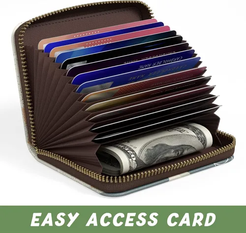 Vista 5 de Soporte para tarjetas de crédito para mujer pequeña cartera RFID de cuero delgado organizador de tarjetas de visita con cremallera y llavero Hoja