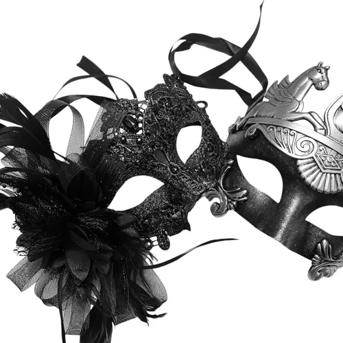 Vista 12 de MASQ Par de máscaras de encaje brocado para mascarada, Mardi Gras, cumpleaños, graduación, boda, fiesta Bk Lace W Pluma