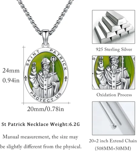 Vista 5 de XIXLES Saint Patrick Necklace for Men 925 Sterling Silver St Patrick Necklace Catholic St Patrick Medal Medallion Pendant Necklaces Amulet