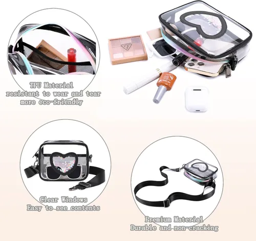 Vista 4 de Bolso cruzado transparente para mujeres y niñas, aprobado por el estadio, para niños, bolso en forma de corazón, cartera pequeña, bolsa para monedas