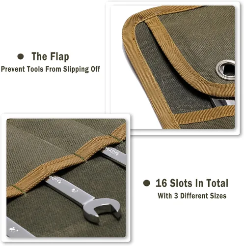Vista 5 de Rollo de herramientas de llave, bolsa de lona encerada resistente de 16 onzas con 16 bolsillos, ojales de metal y cuerda de amarre, bolsa enrollable