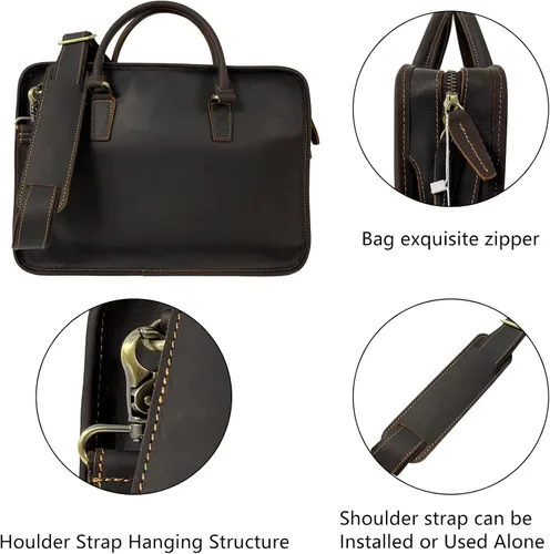 Vista 4 de Maletín delgado para hombre, para viajes, oficina, negocios, bolsa de mensajero de cuero resistente al agua, bolsa para laptop de 15.6 pulgadas