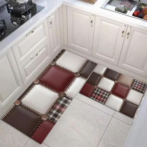 Vista 4 de Reddish Brown Kitchen Rugs, 3D Leather Patchwork Non Skid Washable Comfort Mats for Floor, Anti Fatigue Kitchen Cushioned Runner Rug Retro Plaid