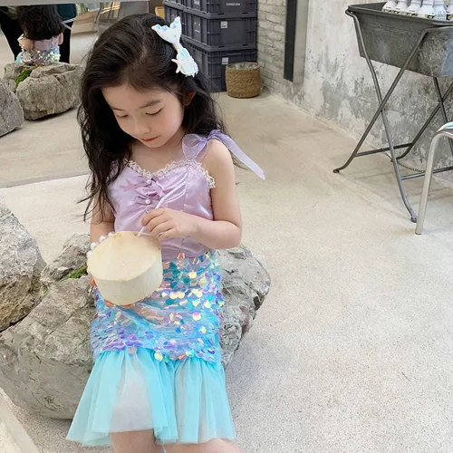 Vista 7 de Vestido de lentejuelas con cola de sirena para bebés y niñas, vestido de tul para cumpleaños, vestido casual de playa, ropa de fiesta