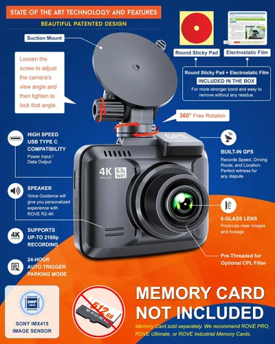 Vista 3 de ROVE R2-4K Dash Cam Grabadora de cámara con WiFi GPS para tablero de automóvil con UHD 2160P, pantalla IPS de 2.4", gran angular de 150°, WDR